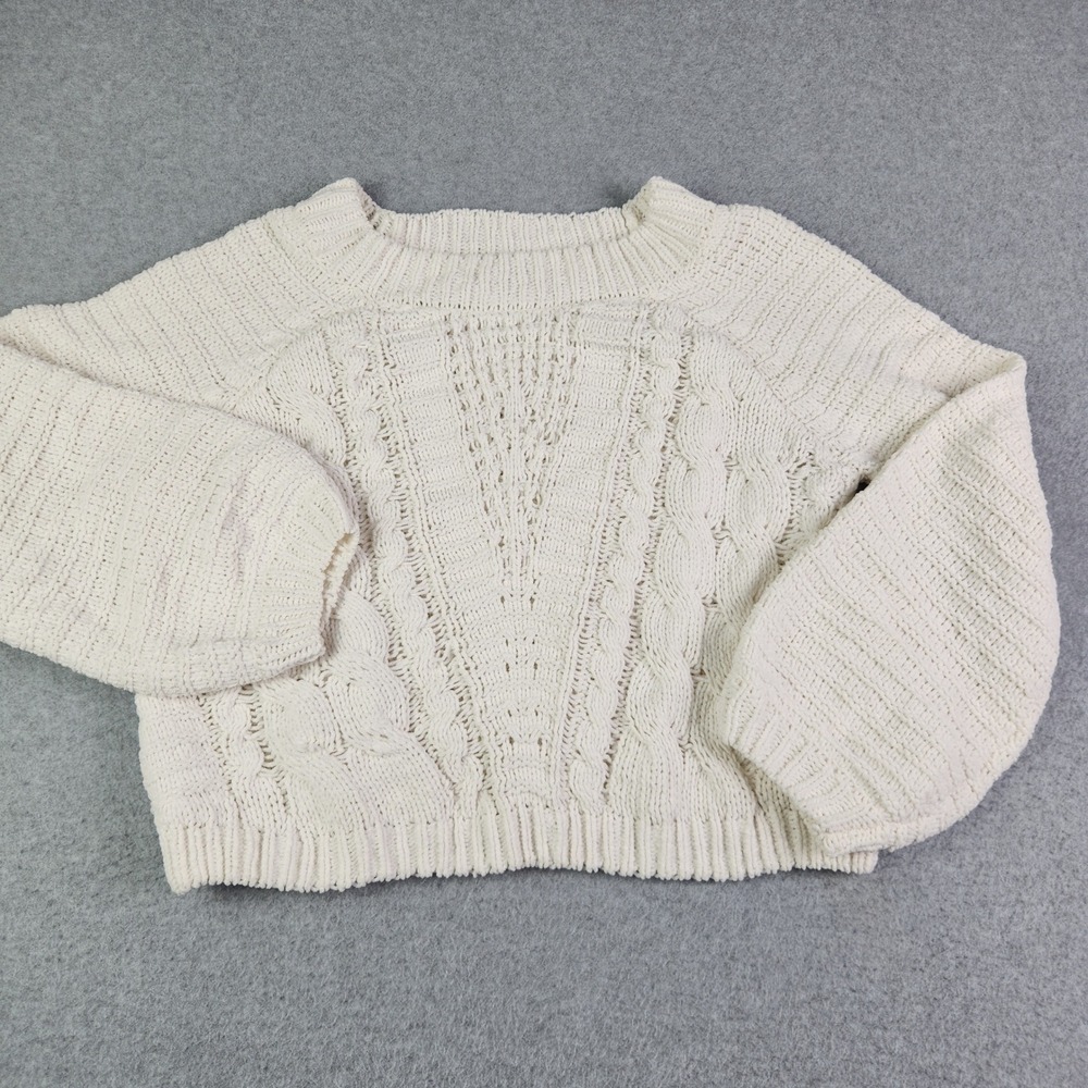 Jun & Ivy Cropped Sweater Womens Small Cream Chenille Cable Knit Long Sleeve